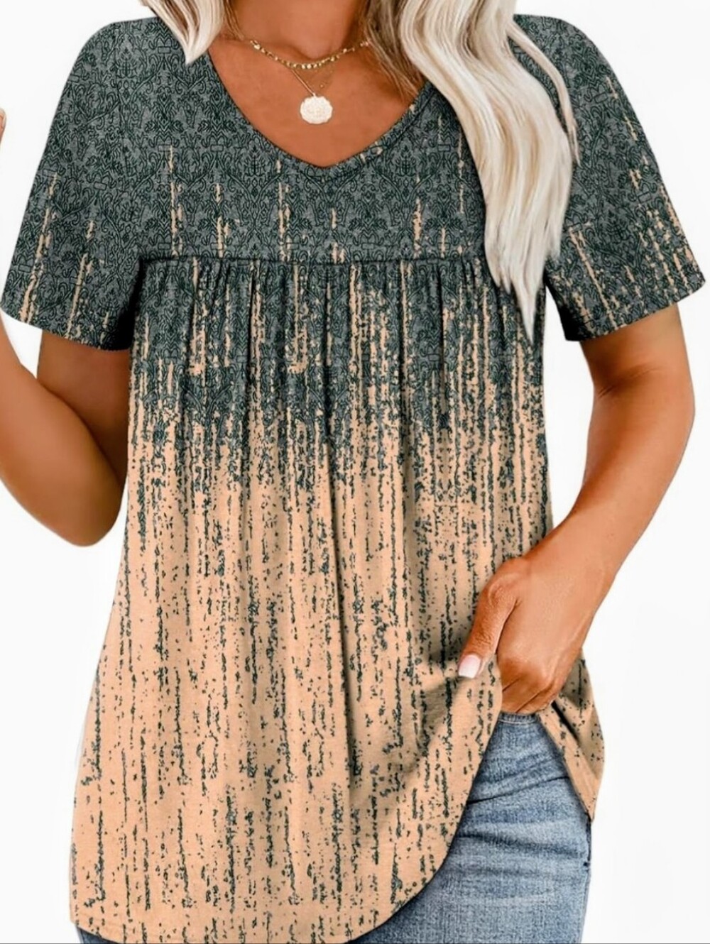 Women's Short Sleeve Relaxed Fit Tunic Top - Gray and Peach